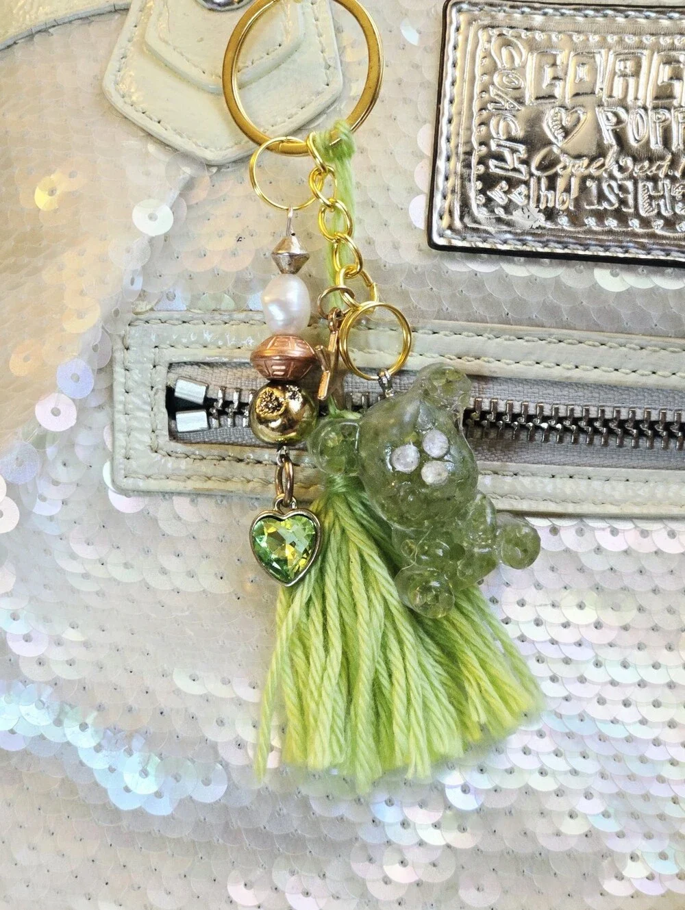 Natural Stone Peridot Lime Green Gummy Bear Tassel Keychain Charm